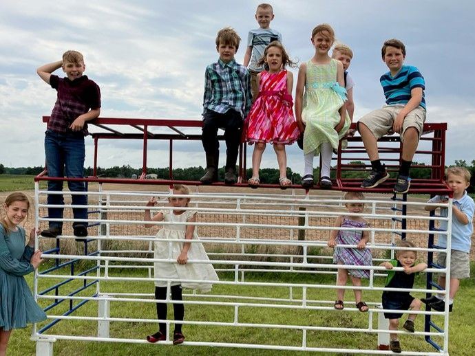 Kids lined up along a farm gate on a summer day